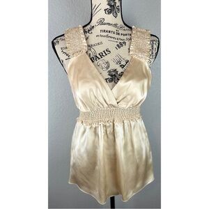 BCBGMaxAzria Satin Cream Sleeveless Smocked Waist Blouse